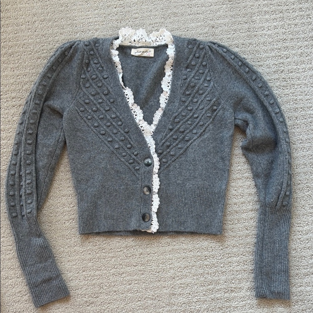 Free People Gray Lace-Trim Button Front Women's Sweater